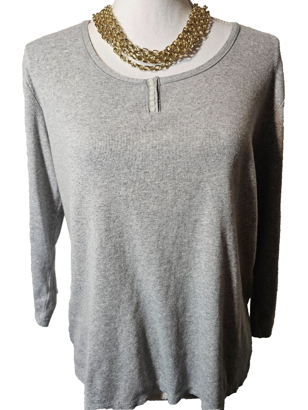 Talbots Womens Gray Ribbed Knit Henley Tee Shirt 3/4 Sleeves Large L